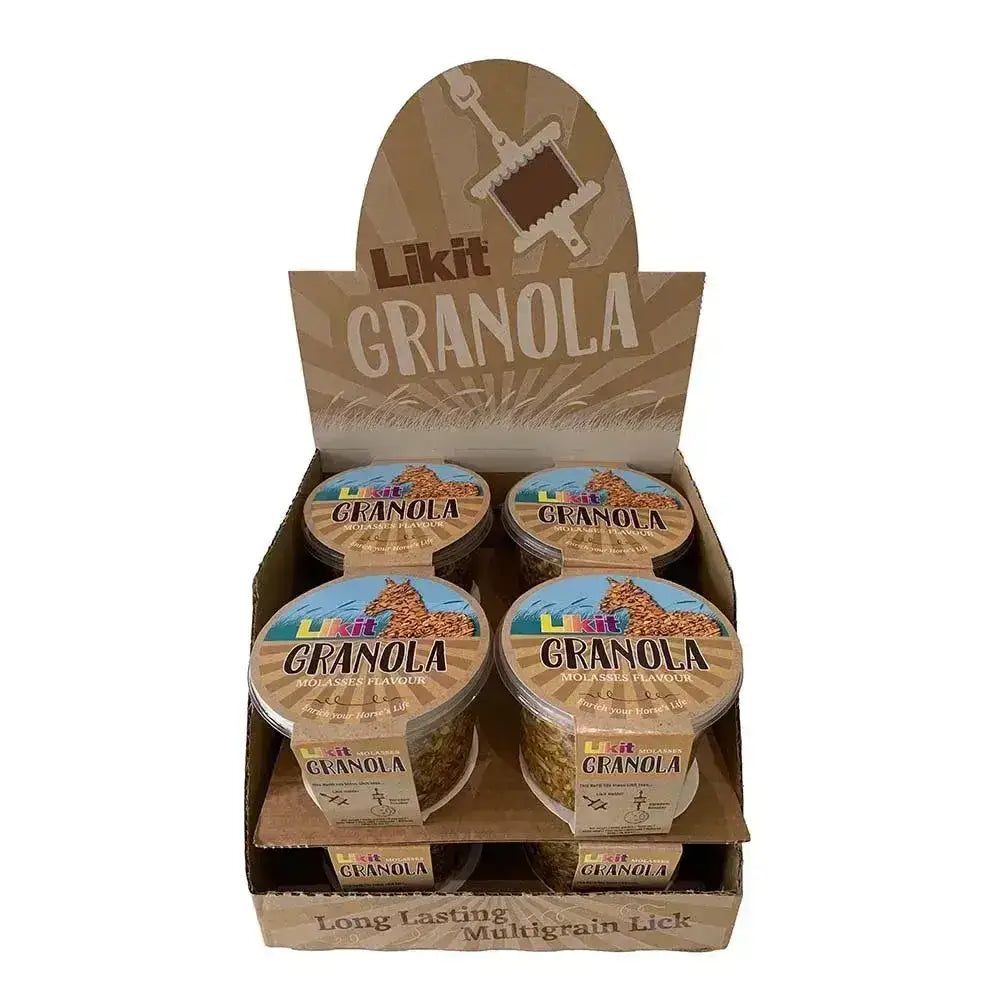 Four clear plastic containers of likit granola multigrain molasses with colorful labels highlighting rock hard formulation