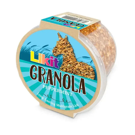 A round clear container of likit granola multigrain peppermint with a rock hard formulation and a colorful llama oats label