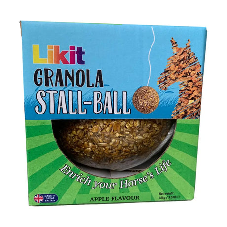 Apple-flavored likit granola stall ball in colorful box to keep horse entertained whilst playing and snacking