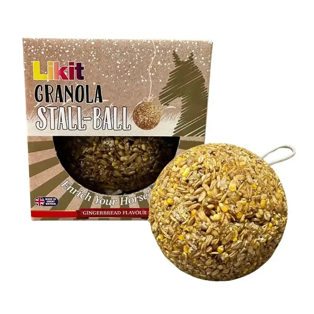 Likit granola gingerbread stall-ball for horses made of textured oats and seeds with a hanging loop for equestrian use