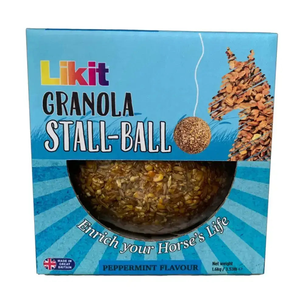 Likit granola stall ball peppermint flavored round textured horse treat in blue package keeps horse entertained whilst chewing