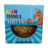Likit granola stall ball peppermint flavored round textured horse treat in blue package keeps horse entertained whilst chewing