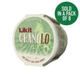 A round container of likit granolo low sugar low starch granola with green white label and grassy artwork for equestrian horses