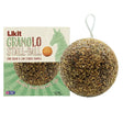 A round textured brown likit granolo stall-ball with a white hanging loop for easy feeding