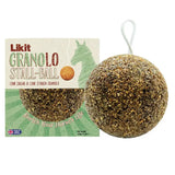 A round textured brown likit granolo stall-ball with a white hanging loop for easy feeding