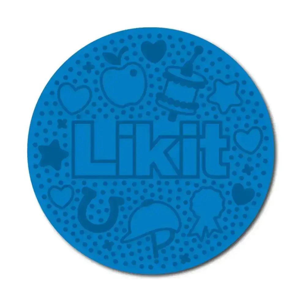 Blue circular silicone likit graze maze coaster with embossed apples hearts stars for slow feeding lick fun