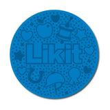 Blue circular silicone likit graze maze coaster with embossed apples hearts stars for slow feeding lick fun