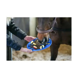 Blue oval likit graze maze horse treat tray with non-slip surface and apple slices for slow feeding lick fun