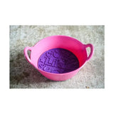 Pink silicone likit graze maze bowl with two handles and purple interior slow feeding lick design