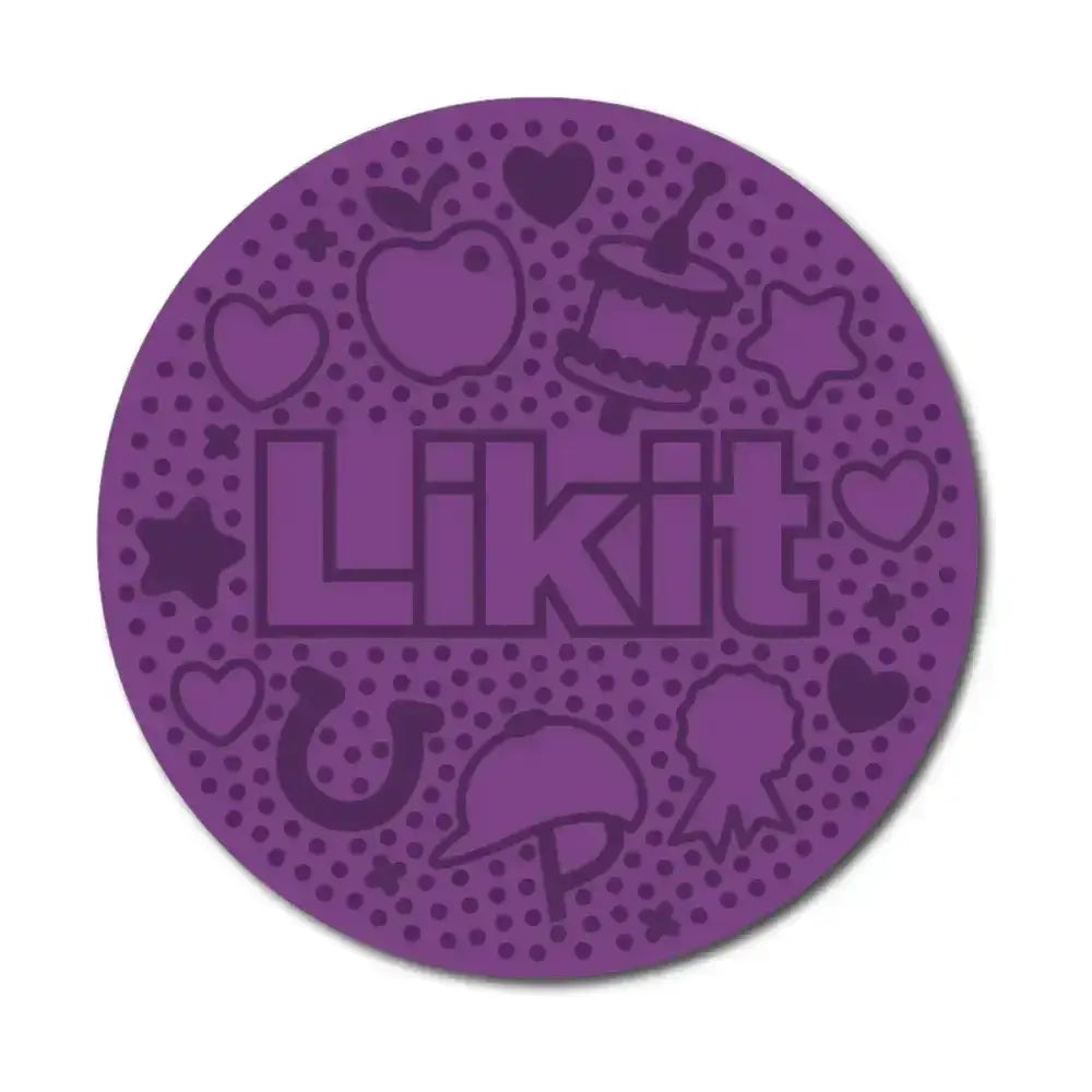 Purple circular coaster with embossed icons and likit logo for slow feeding lick in tasty likit graze maze