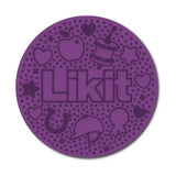 Purple circular coaster with embossed icons and likit logo for slow feeding lick in tasty likit graze maze
