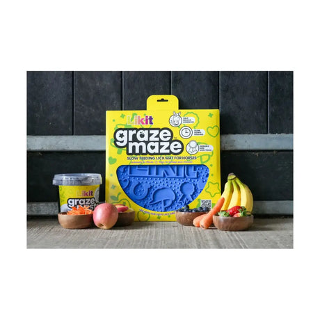 Yellow and blue plastic packaging for likit graze maze slow feeding lick mat with tasty likit graze for horses