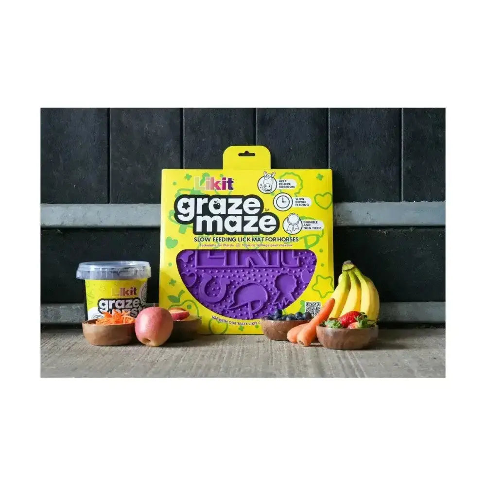 Yellow and purple likit graze maze slow feeding lick mat for horses in packaging for tasty likit graze treats