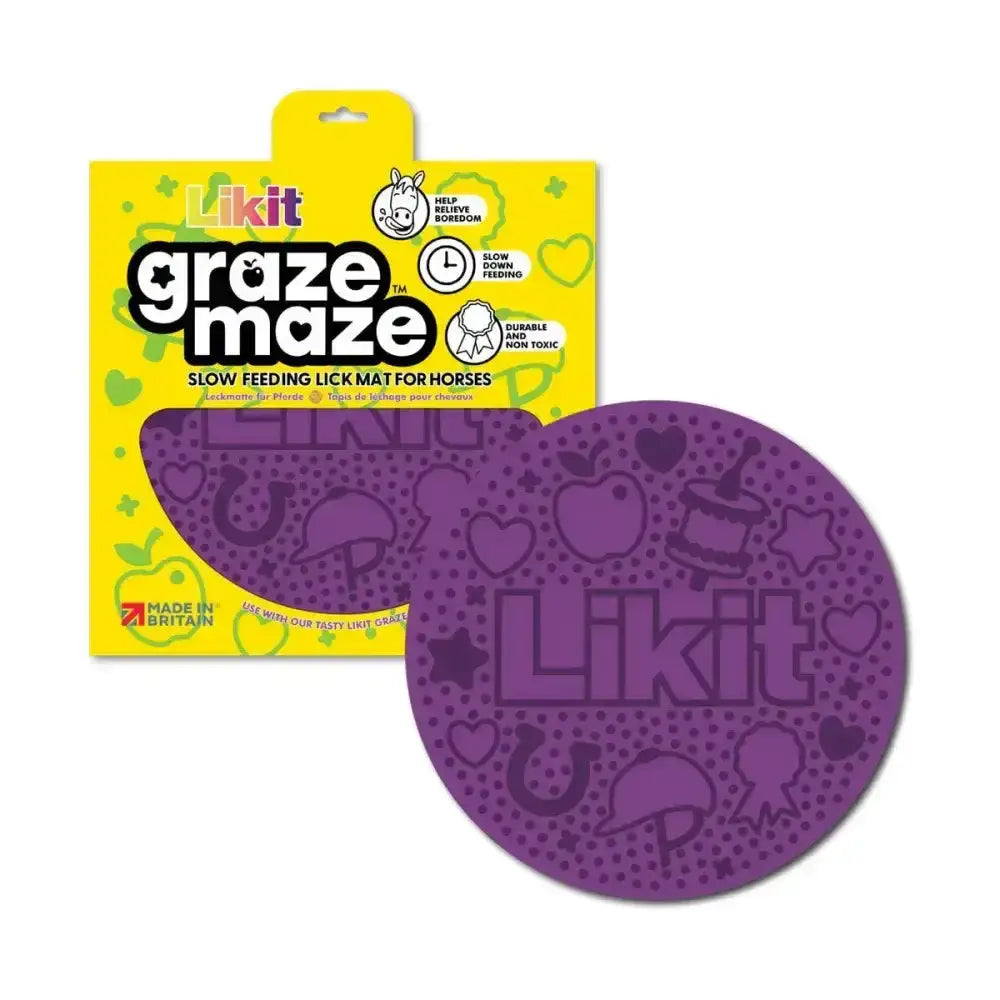 Purple likit graze maze slow feeding lick mat for horses with embossed designs and tasty likit graze branding