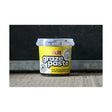 Yellow plastic tub of likit graze paste with clear lid and cartoon horse logo tasty licking paste for horses