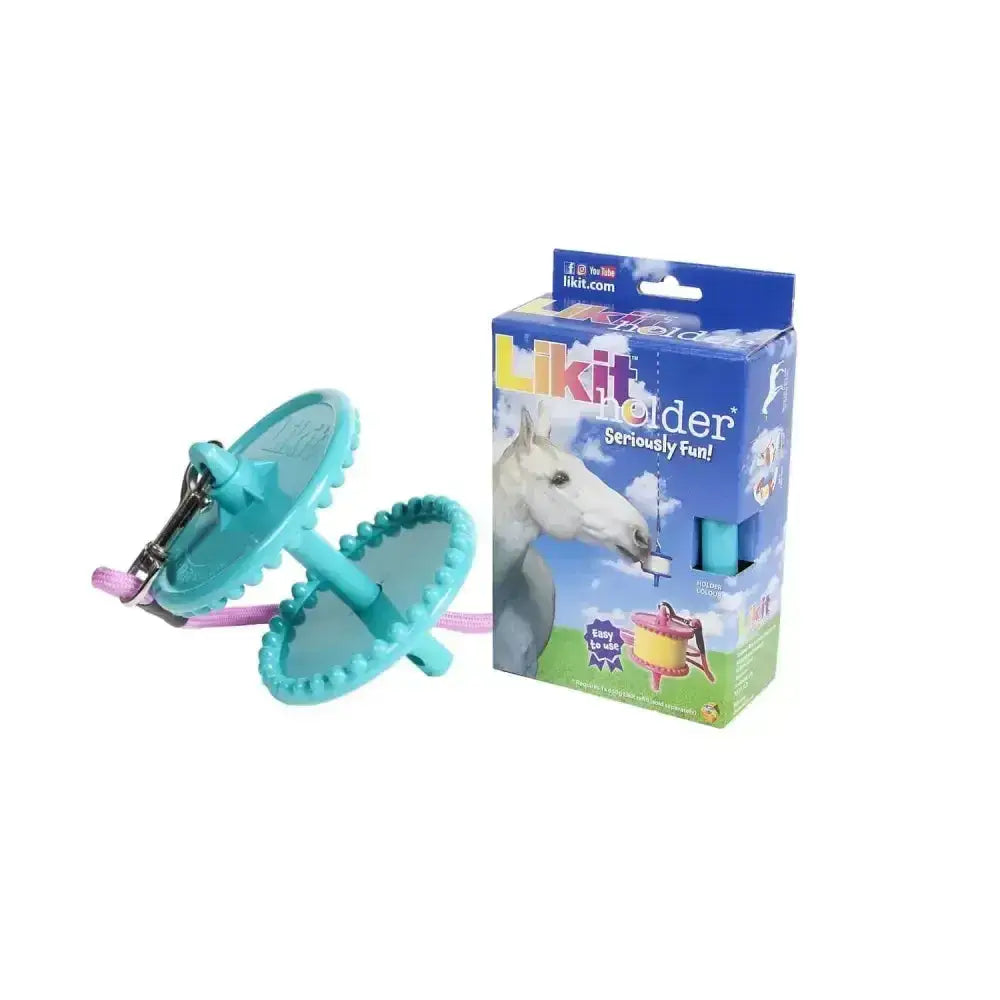 Teal plastic likit holder for horse treats with pink strap and metal clasp perfect as clever horse toy