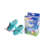 Teal plastic likit holder for horse treats with pink strap and metal clasp perfect as clever horse toy