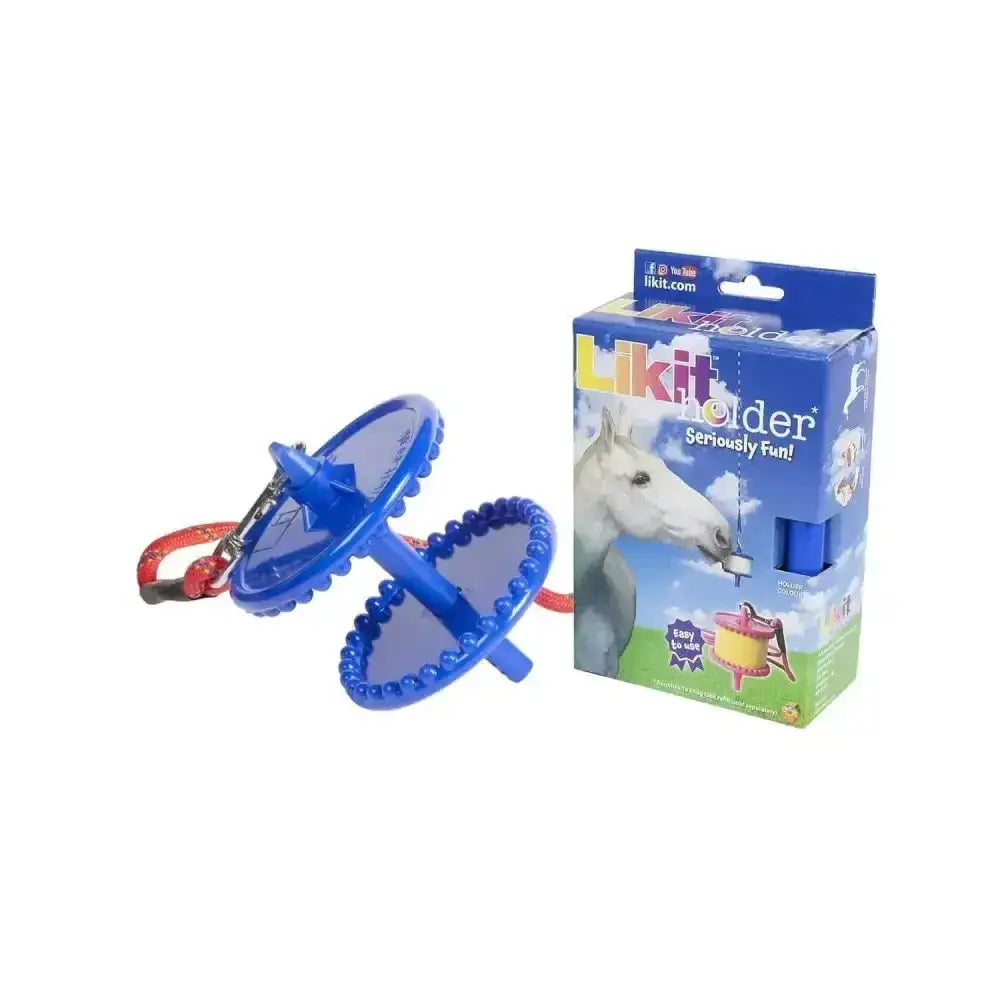 Blue plastic likit holder with red carabiner clip for treats horse toys and clever horse toy use