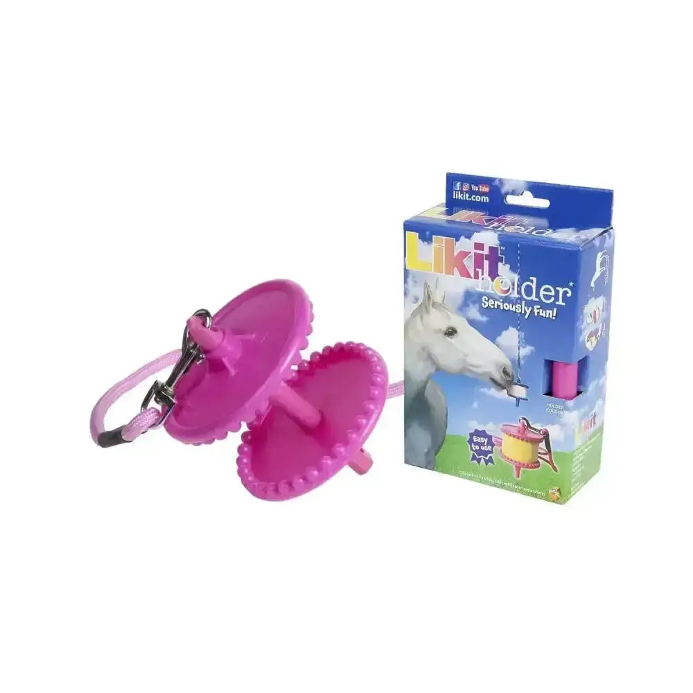 Pink plastic likit holder with keychain attachment for clever horse toy and treats horse toys storage