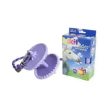Purple plastic likit holder with braided strap and metal clasp perfect for clever horse toys and treats horse toys