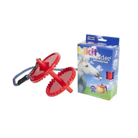 Red plastic likit holder for horse treats with blue and black strap clever horse toy and treats horse toys accessory