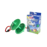 Green plastic likit holder with red carabiner clip designed as a clever horse toy for treats horse toys use