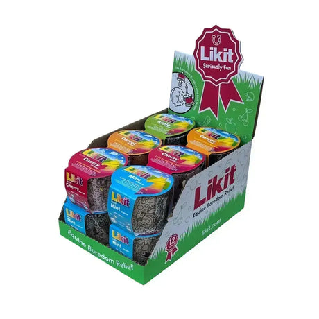 Green and white display box filled with colourful 650gm licks from likit original assortment horse treats