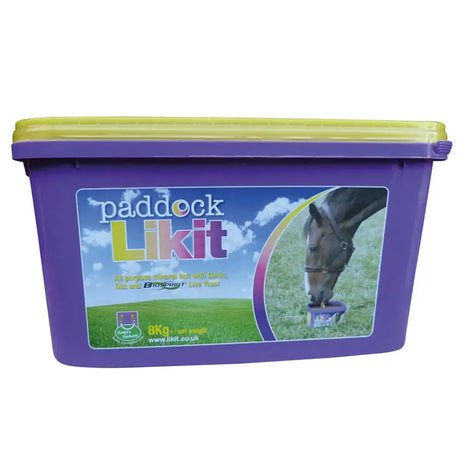 Purple plastic paddock likit container with yellow lid featuring horse eating and biosprint live yeast label
