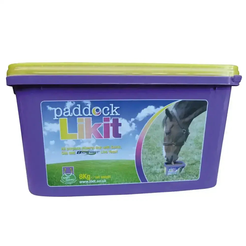 Purple plastic paddock likit container with lime green lid featuring horse image and biosprint live yeast formula