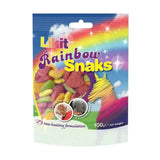 A colorful rainbow-themed bag of likit rainbow snaks pet treats with a cartoon unicorn and vibrant shaped snacks