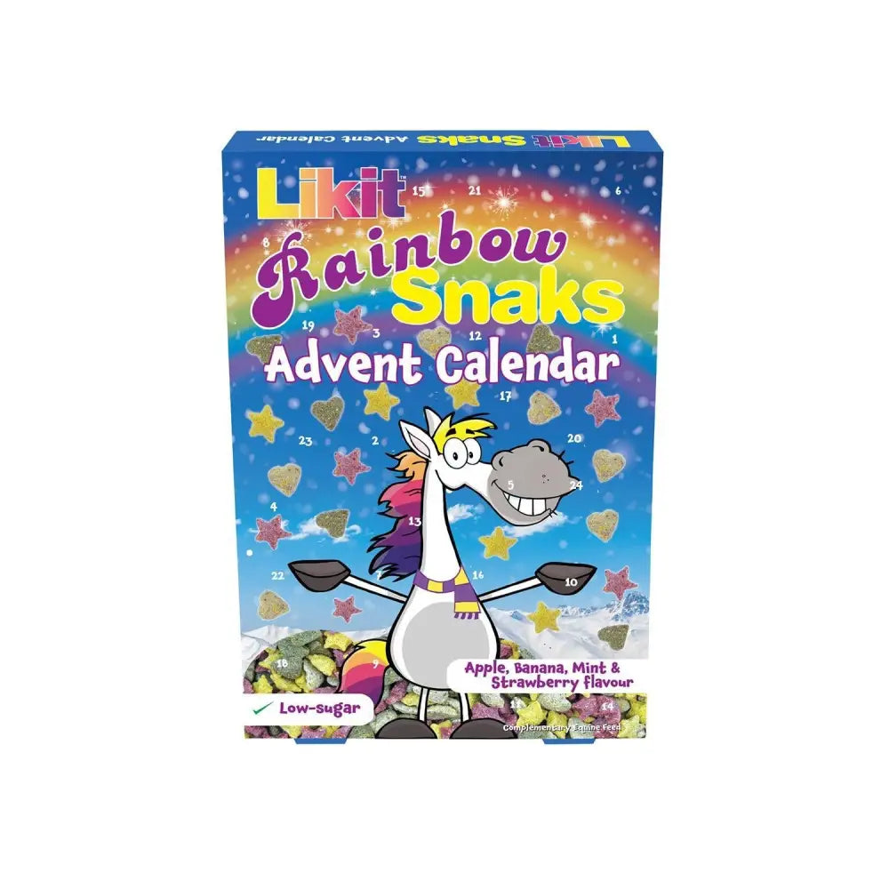 Colorful likit rainbow snaks advent calendar with cartoon horse and 24 numbered doors for daily rainbow snaks treats