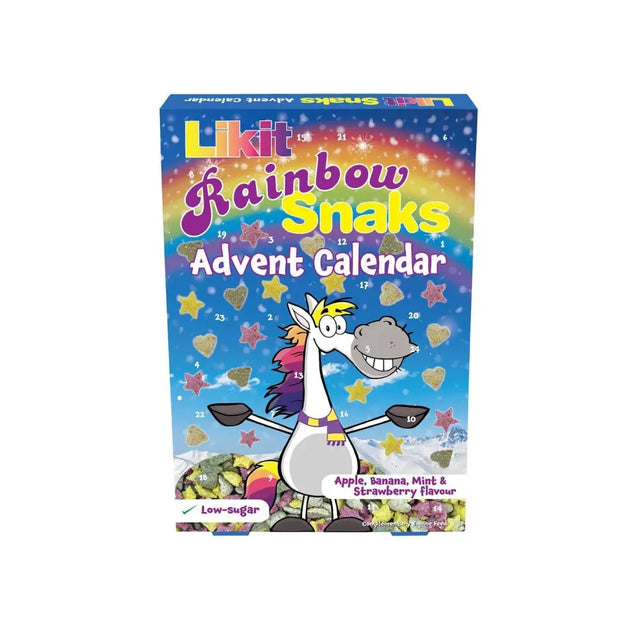Colorful likit rainbow snaks advent calendar with cartoon horse and 24 numbered doors for daily rainbow snaks treats
