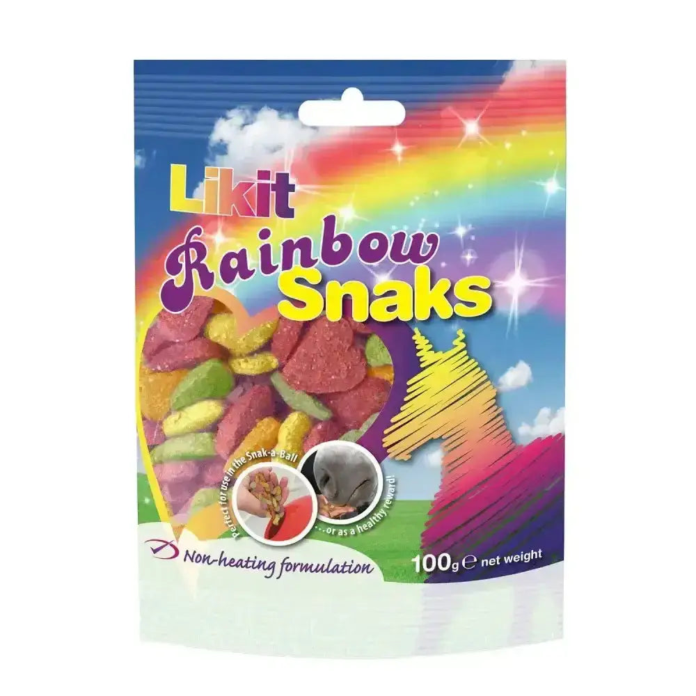 A colorful plastic bag of likit rainbow snaks featuring rainbow-colored gummy snake candies and a unicorn illustration