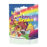 A colorful plastic bag of likit rainbow snaks featuring rainbow-colored gummy snake candies and a unicorn illustration