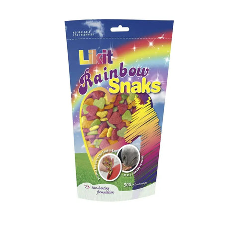 A colorful resealable bag of likit rainbow snaks pet treats with heart-shaped red green and yellow pieces