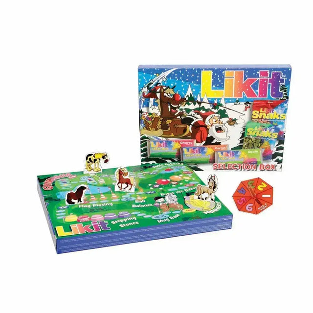 Colorful cardboard game board with cartoon animal tokens and a spinner in the likit selection box horse treats set