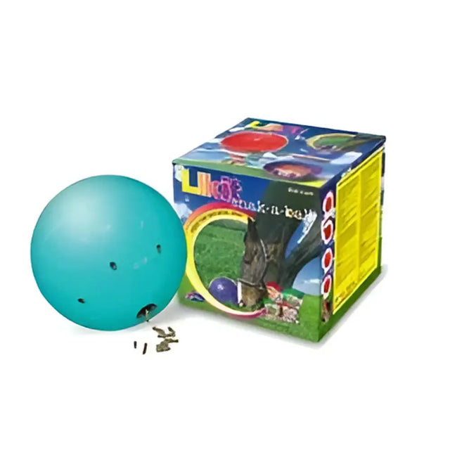 Teal plastic ball with holes and black opening from likit snak-a-ball stimulates natural grazing for horse digestion