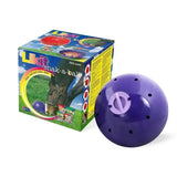 Purple plastic likit snak-a-ball pet feeder with lavender opening and holes stimulates natural grazing for horse digestion