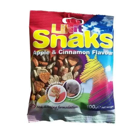 A colorful bag of likit snaks treats apple cinnamon flavored heart shaped nibbles with a horse illustration