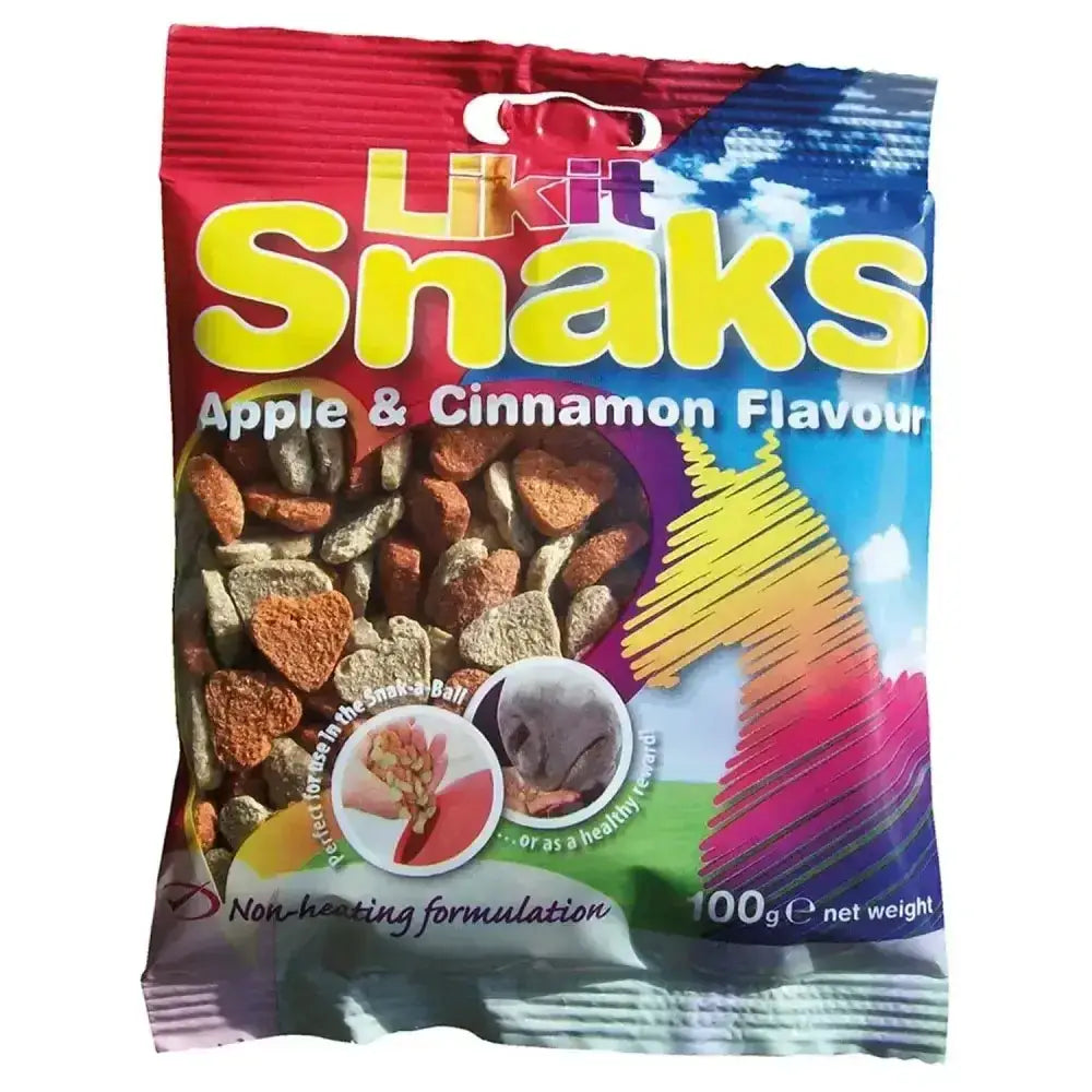 A colorful bag of likit snaks treats with heart shaped nibbles in apple and cinnamon flavors for snaks treats bulk buy