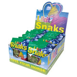 Colorful green and blue individually wrapped likit snaks treats heart shaped nibbles in a snaks treats bulk display box