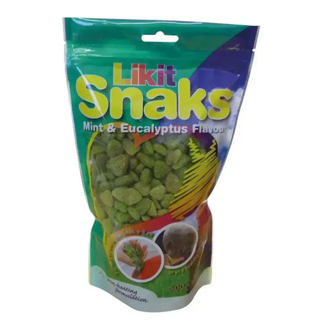 A bag of green heart shaped likit snaks treats in mint and eucalyptus flavor perfect for snaks treats bulk buy
