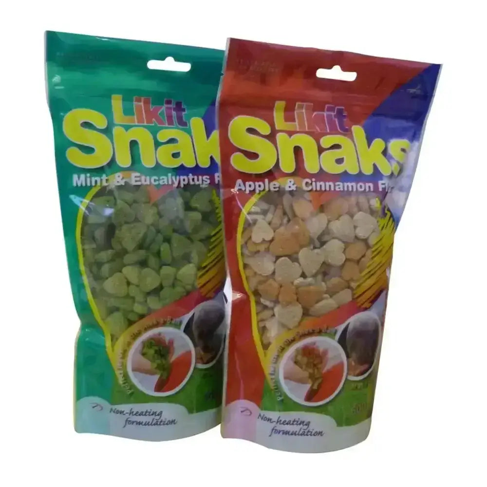 Two colorful likit snaks treats bags with heart shaped nibbles fit easily inside mint eucalyptus and apple cinnamon packs