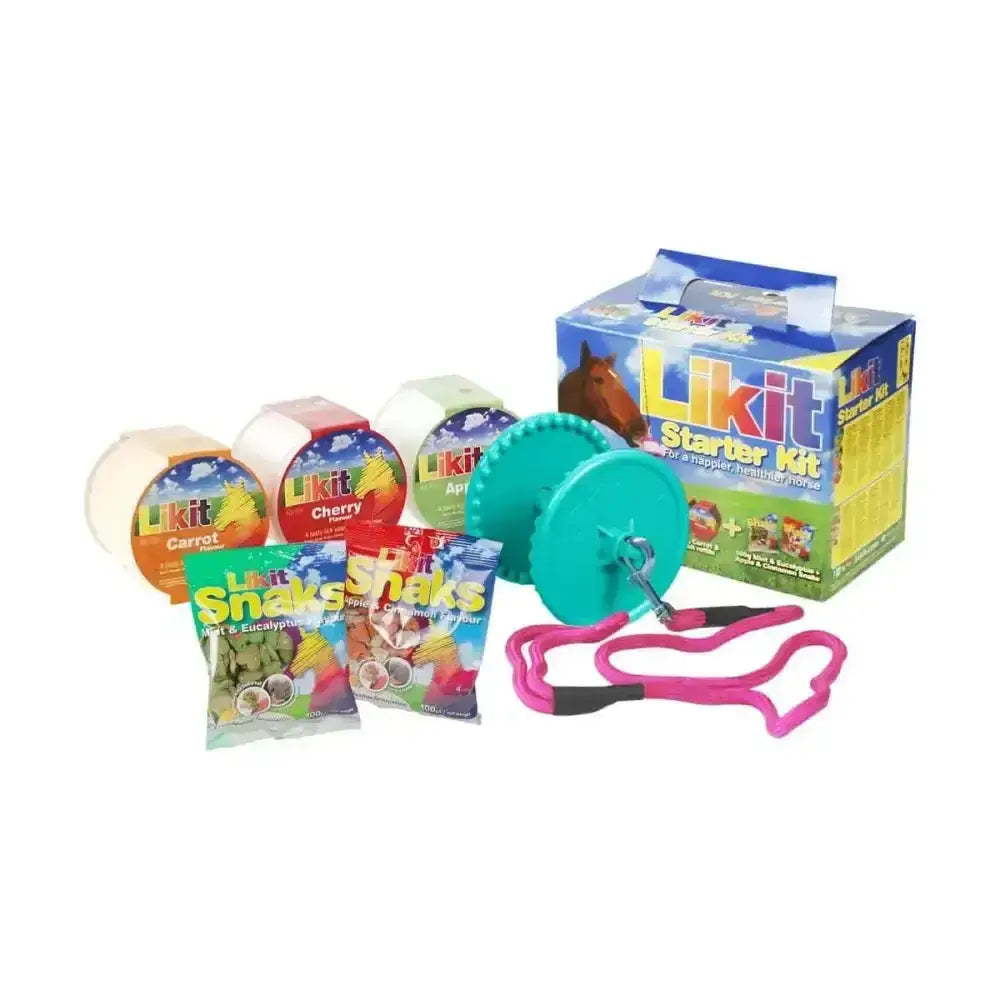 Teal plastic likit starter kits horse treat dispenser with pink and black handle for horse toys and treats