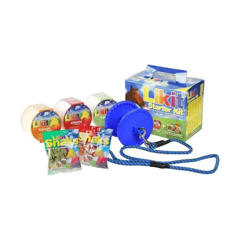 Blue plastic horse halter with blue and white rope lead from likit starter kits for horse toys and horse treats