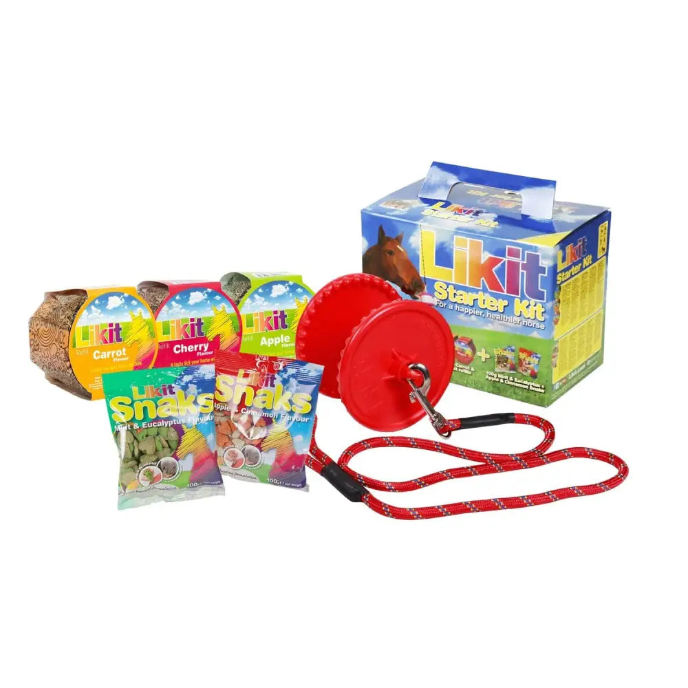Red rope lead with black handles and metal clasp from likit starter kits for horse toys and horse treats use