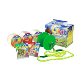 Green plastic horse training wheel with metal hook and neon yellow-green rope in likit starter kits for horse toys and treats