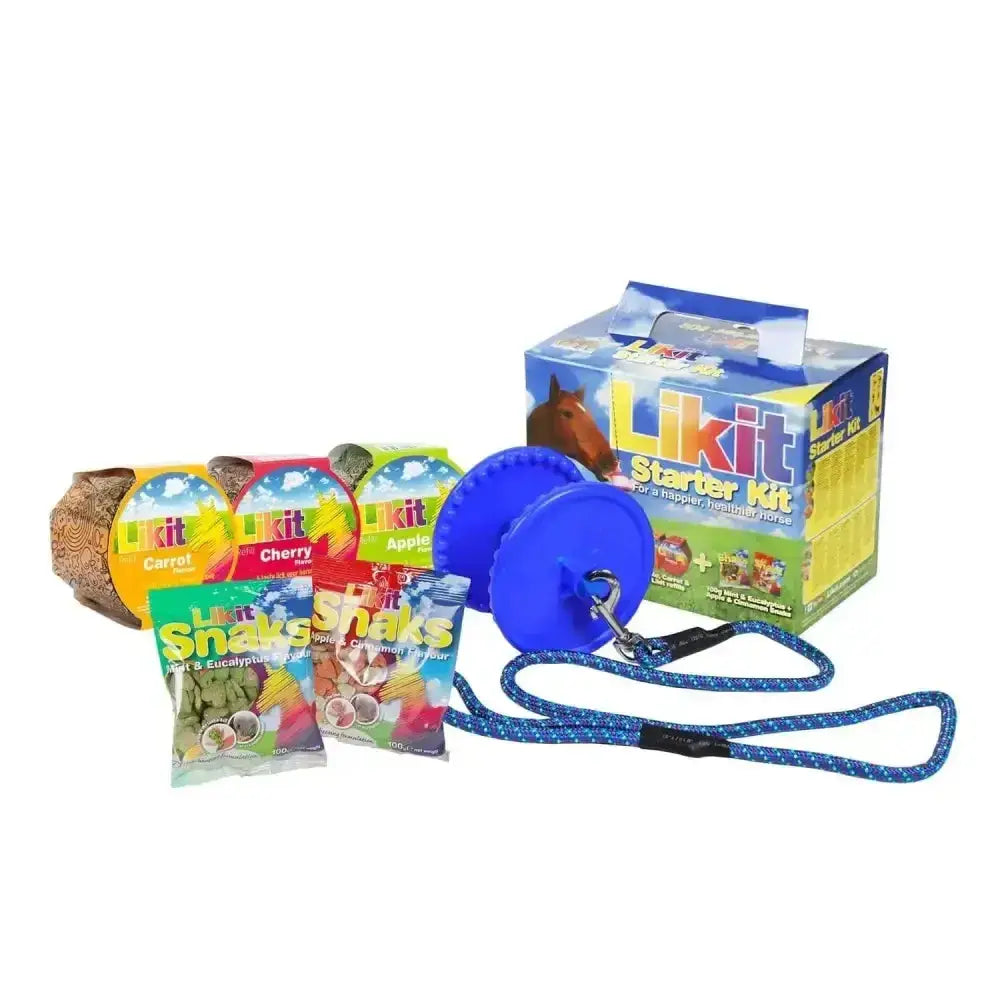 Blue plastic horse halter with matching blue and black braided lead rope included in likit starter kits for horse toys and treats