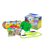 Green plastic horse lead with lime braided rope and metal clip included in likit starter kits for horse toys and treats