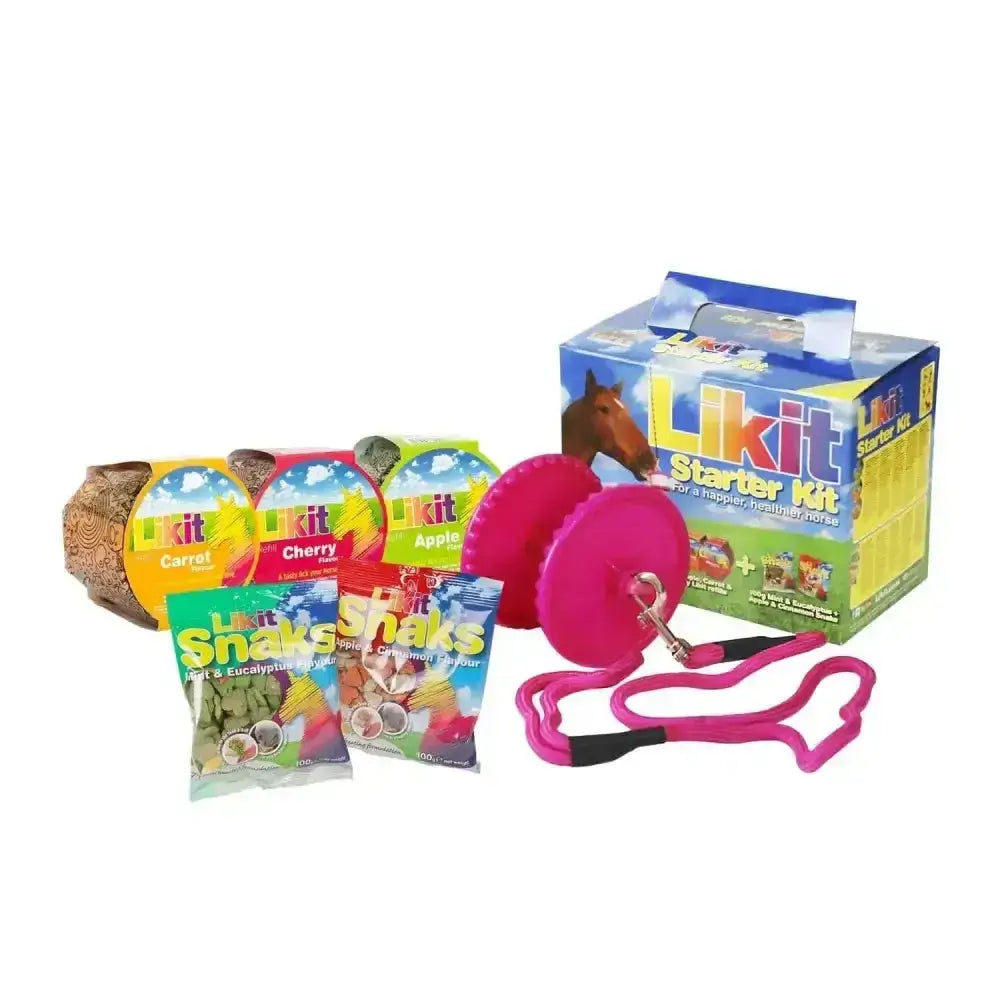 Pink plastic horse lead with black grip handles and metal clasp from likit starter kits for horse toys and treats